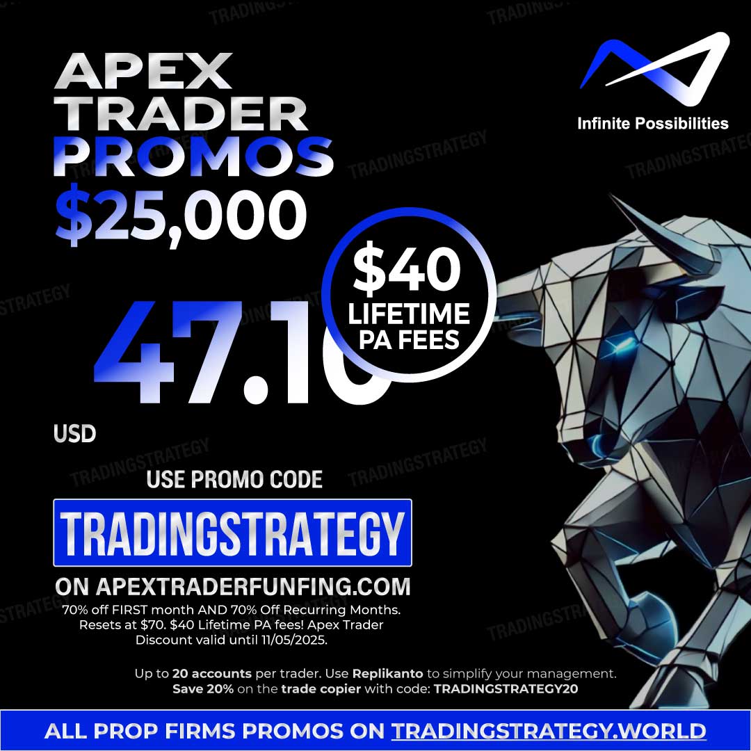 Apex 25K – -70 % y activación del PA a 40 $ con el código TRADINGSTRATEGY – noviembre de 2025 Ahorra -70 % y activación del PA a 40 $ en la cuenta Apex 25K – Válido en noviembre de 2025