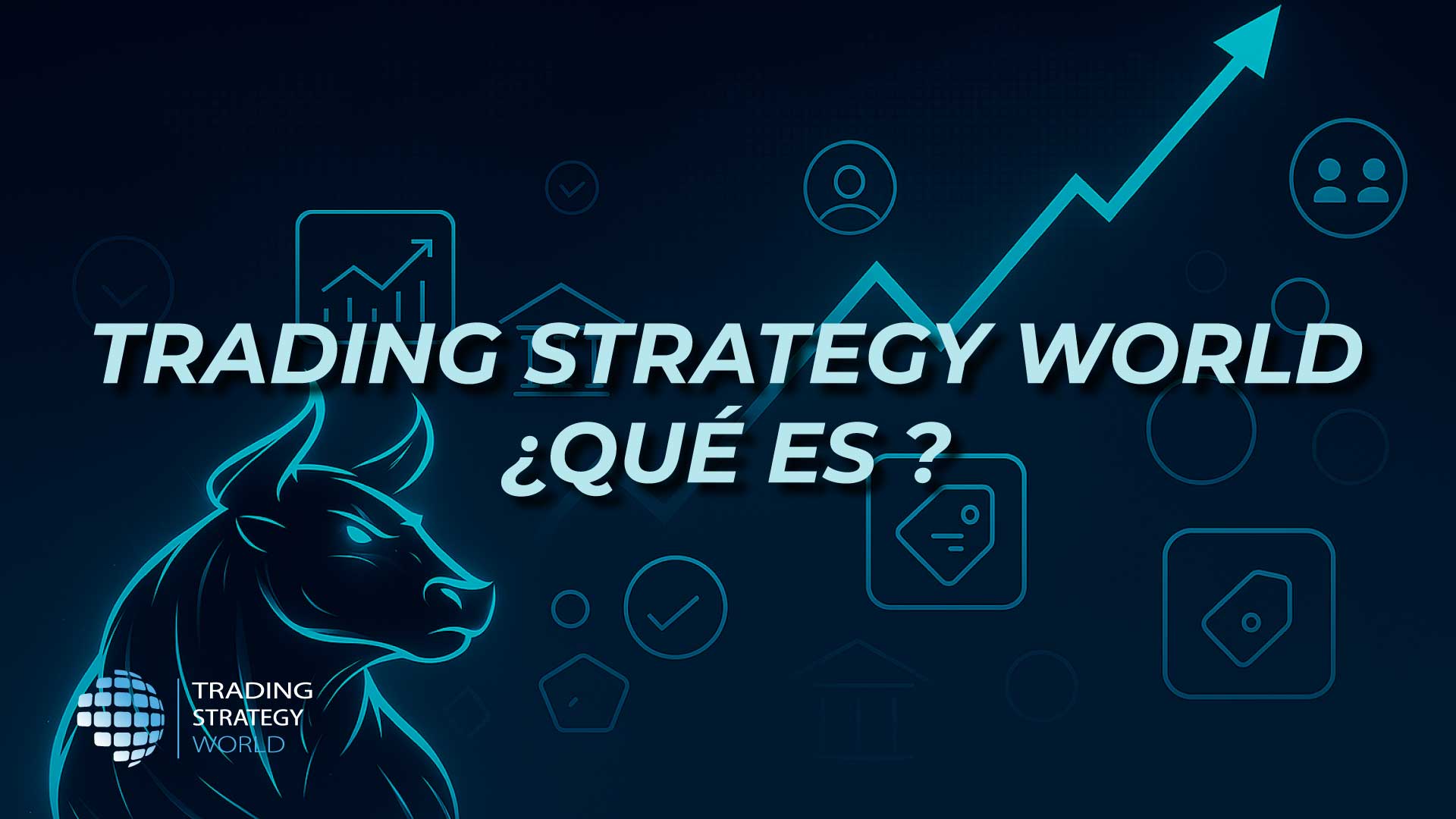Trading Strategy World: toro estilizado e iconos del trading: estrategia, empresas de propiedad, descuentos y visión común.