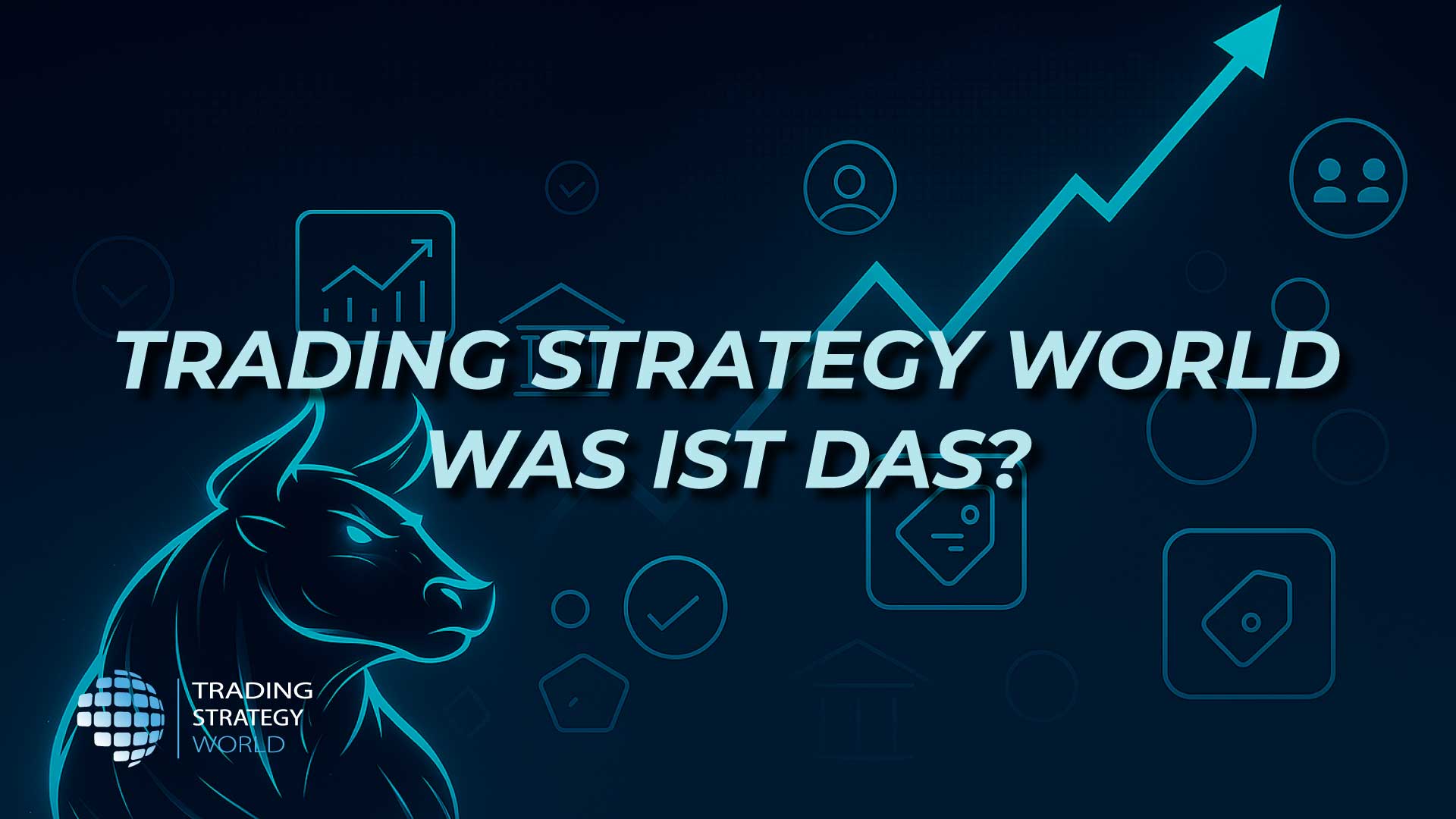 Trading Strategy World – Stilisiertes Stier-Logo und Trading-Icons: Strategie, Prop-Firmen, Rabatte und gemeinsame Vision