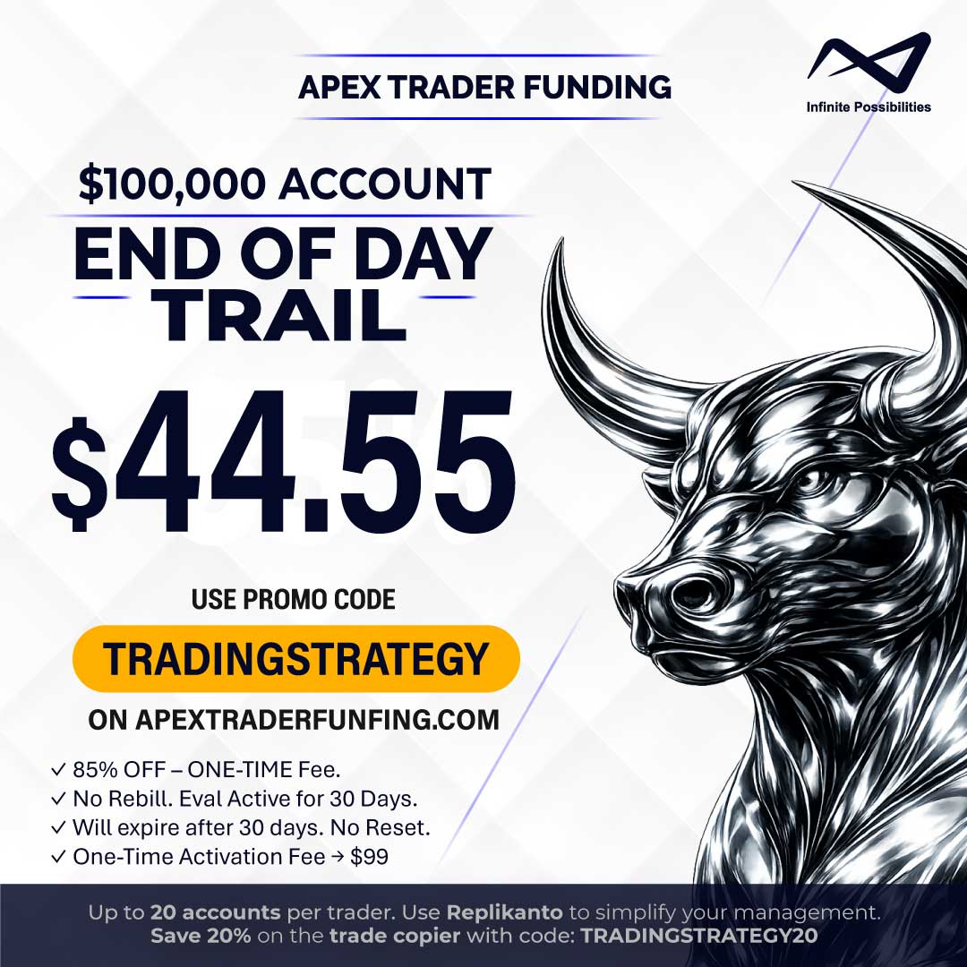 Promo Apex Trader 100K – EOD Trail – Code TRADINGSTRATEGY – Fin 26 mars Promo Apex Trader 100K – EOD Trail – Mars 2026 – Code TRADINGSTRATEGY