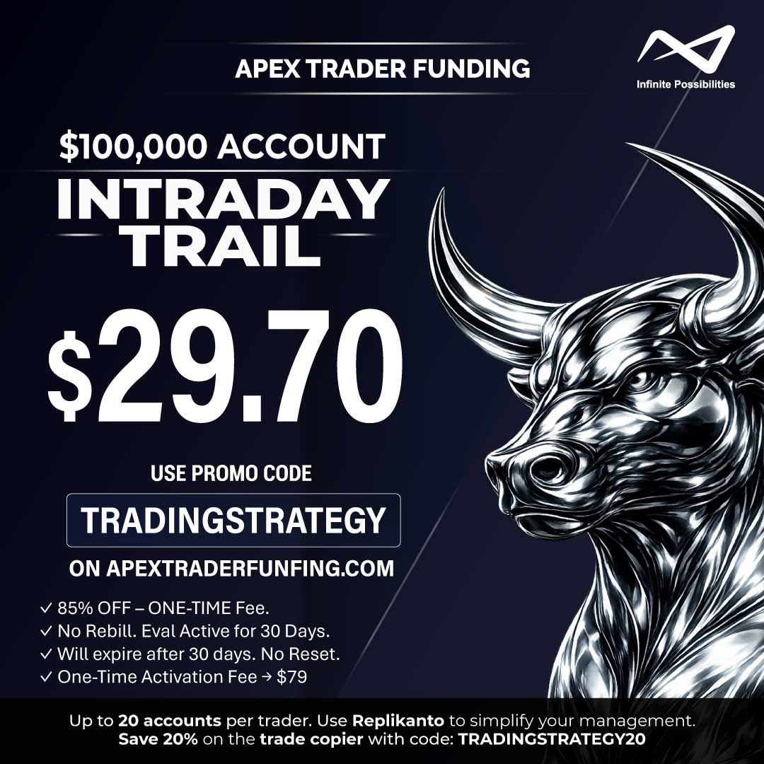 Promo Apex Trader 100K – Intraday Trail – Code TRADINGSTRATEGY – Fin 26 mars Promo Apex Trader 100K – Intraday Trail – Mars 2026 – Code TRADINGSTRATEGY